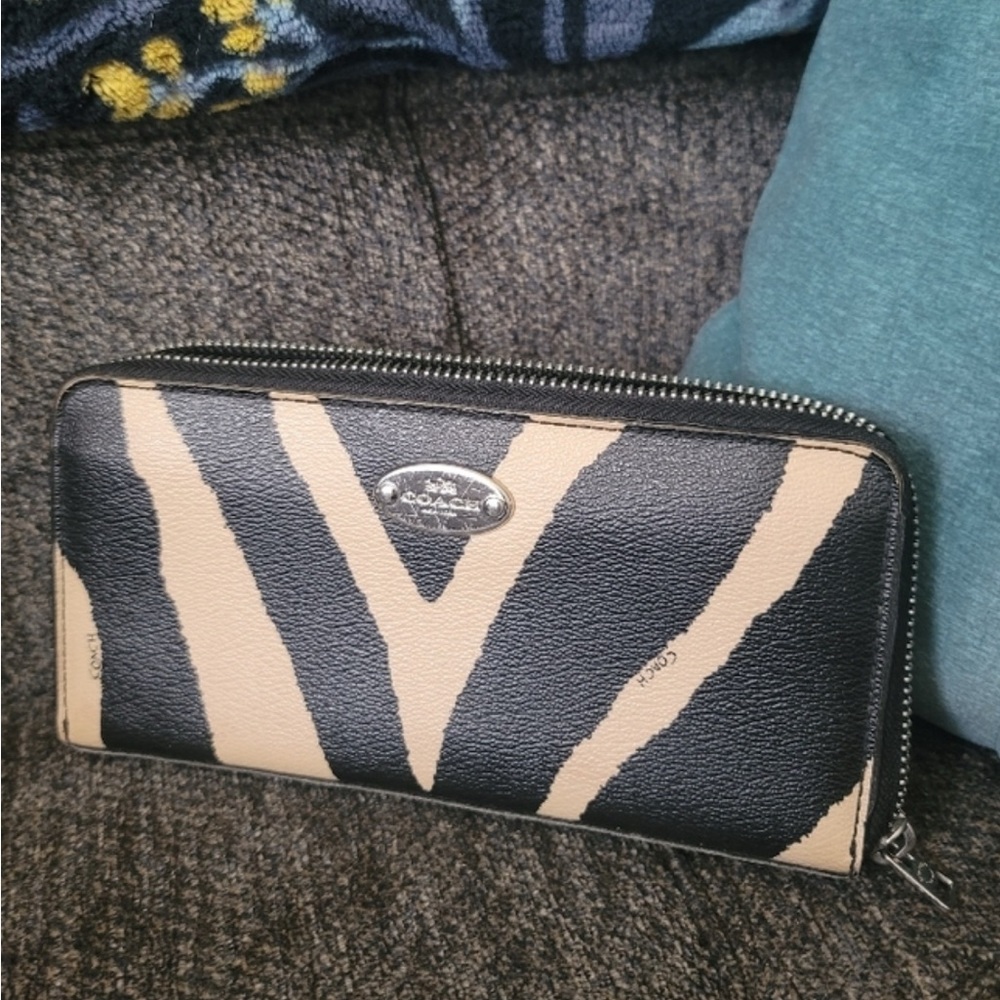 Coach Black and Tan Zebra Print Wallet with Silver Hardware